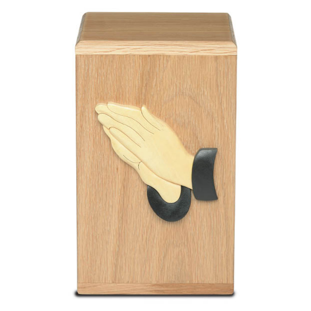 ADULT Solid Oak Tower Urn with Artisan Applique - Praying Hands 1