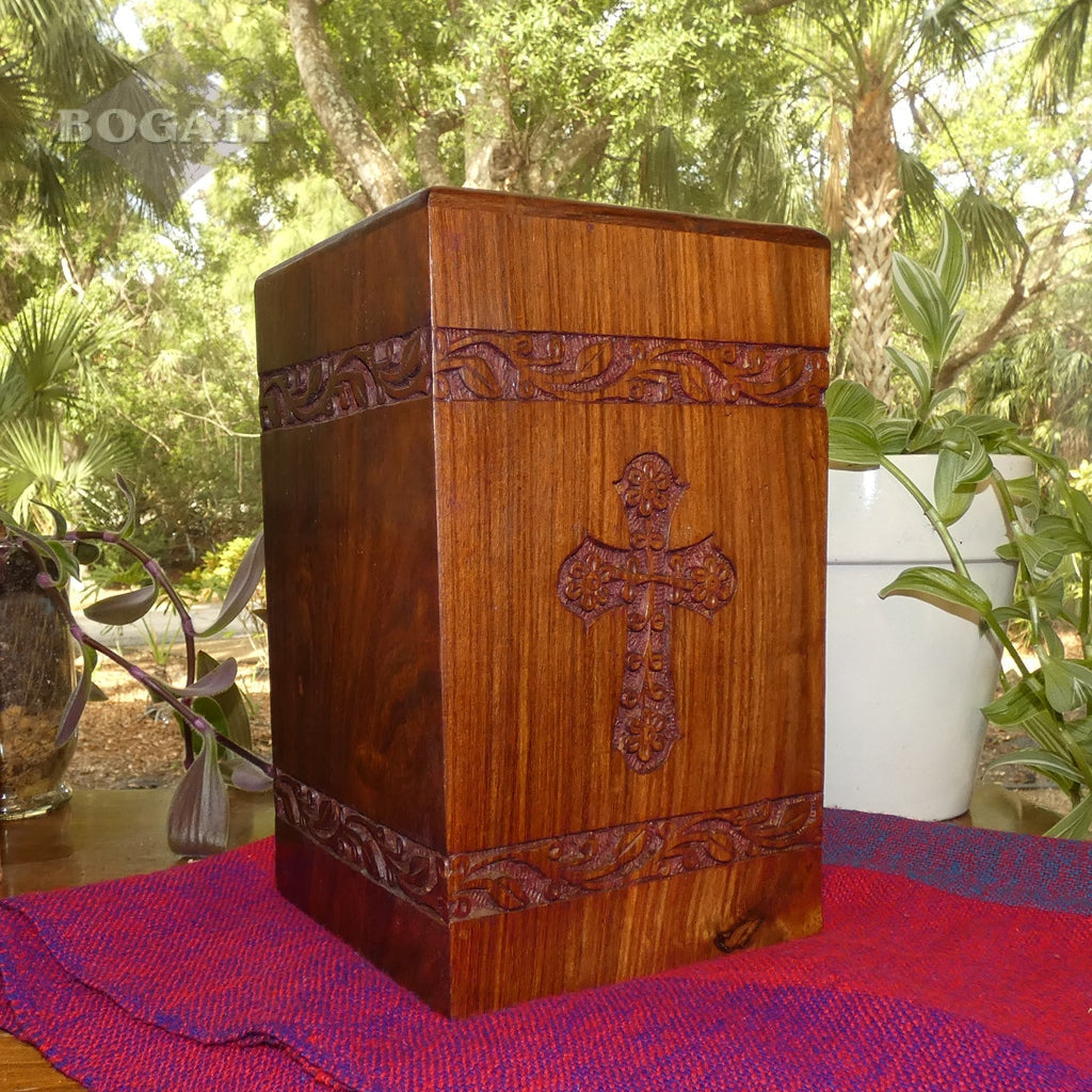 ADULT - Rosewood Tower Urn with Hand-Carved Cross Design