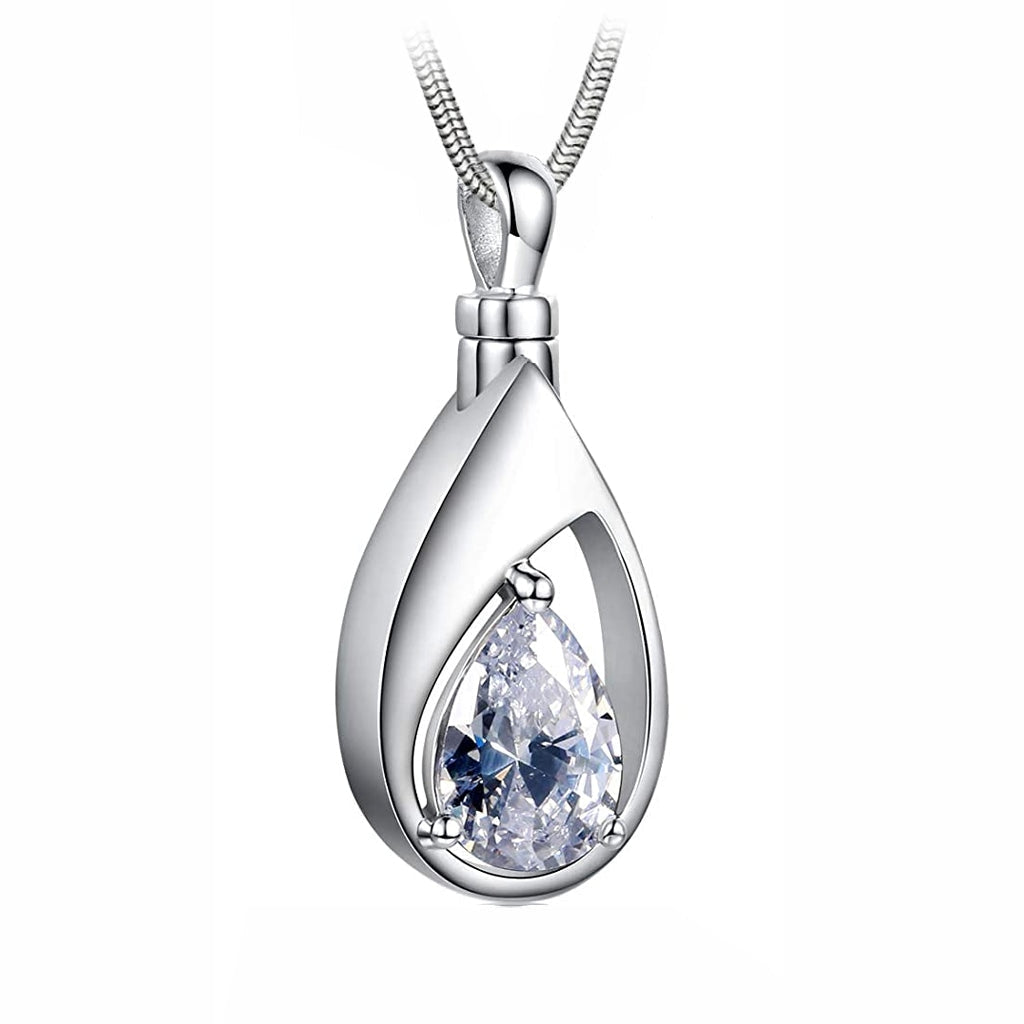 J-1300 Silver-tone Teardrop with Birthstone Simulated Gem- Pendant with Chain - April