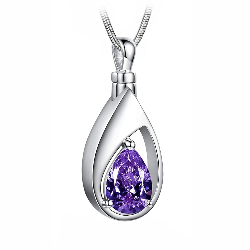 J-1300 Silver-tone Teardrop with Birthstone Simulated Gem- Pendant with Chain - February