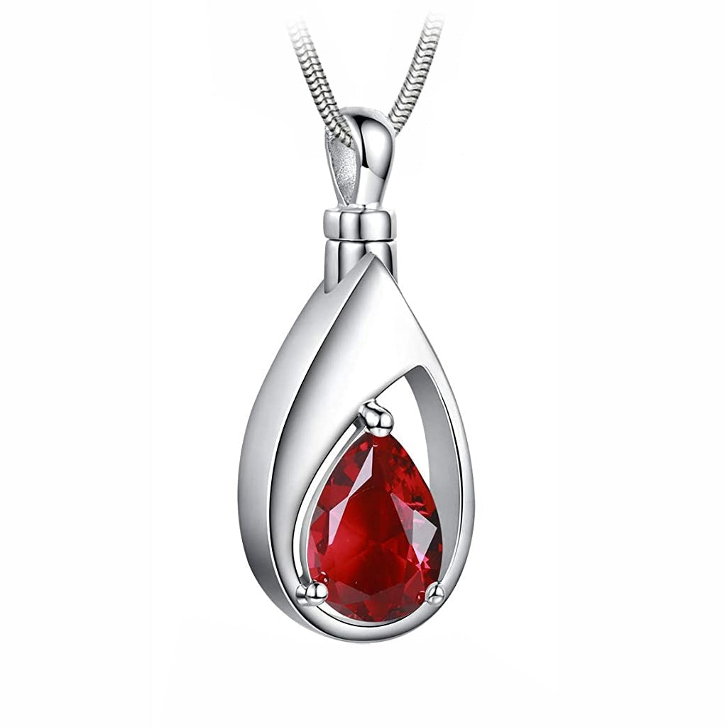 J-1300 Silver-tone Teardrop with Birthstone Simulated Gem- Pendant with Chain - July