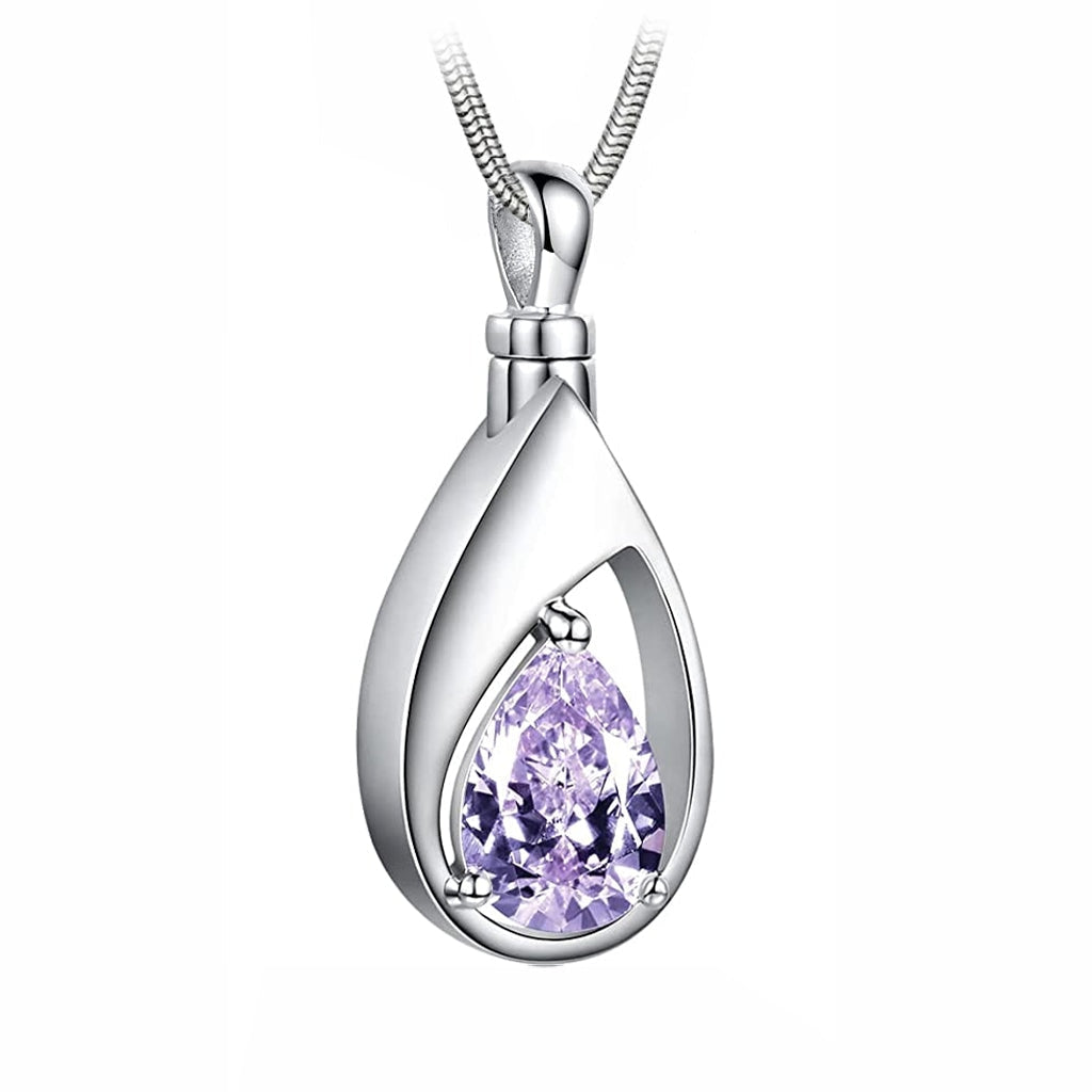 J-1300 Silver-tone Teardrop with Birthstone Simulated Gem- Pendant with Chain - June