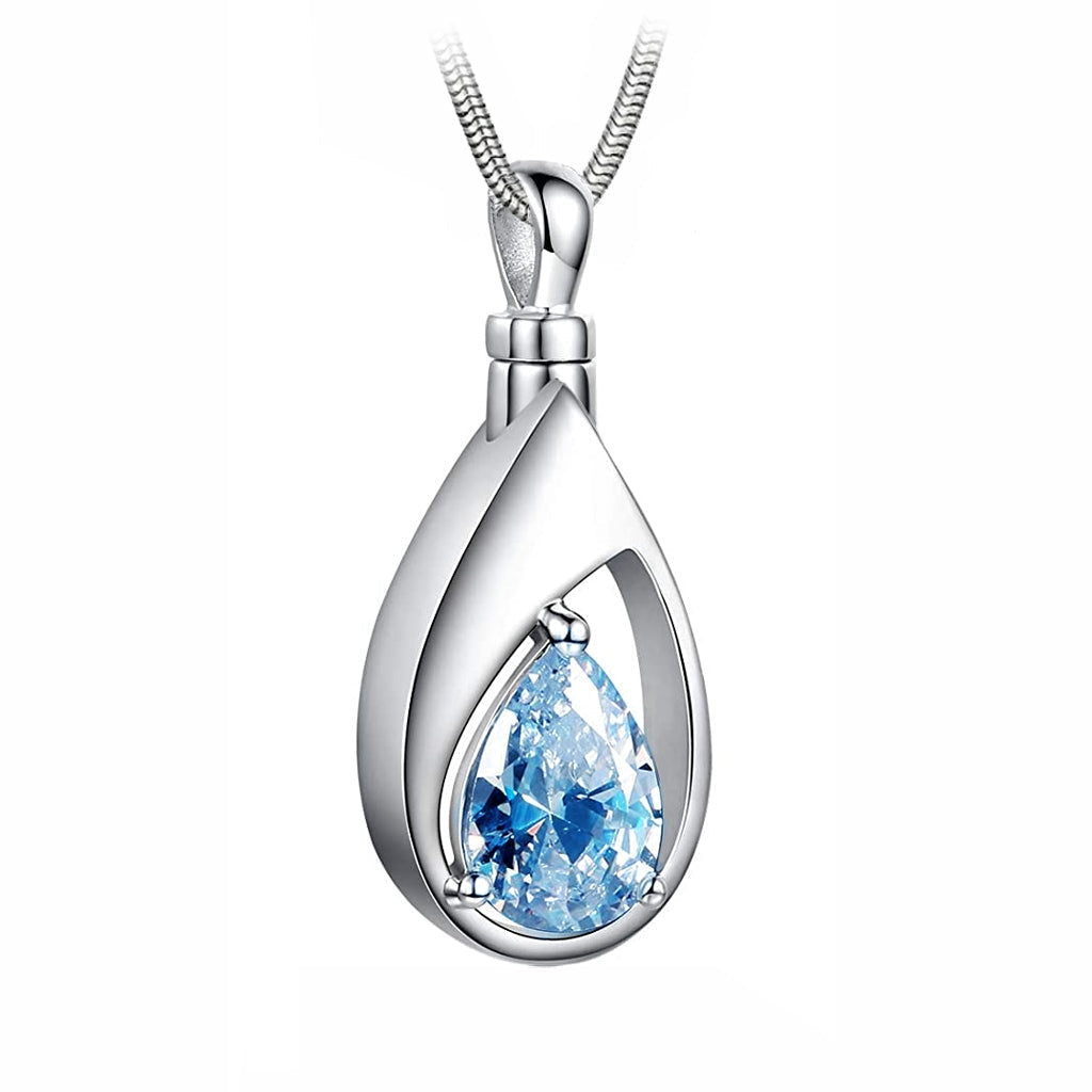 J-1300 Silver-tone Teardrop with Birthstone Simulated Gem- Pendant with Chain - March