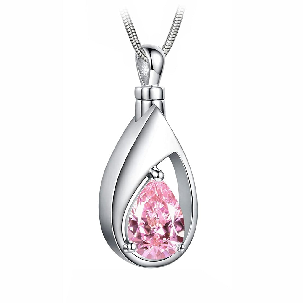 J-1300 Silver-tone Teardrop with Birthstone Simulated Gem- Pendant with Chain - October