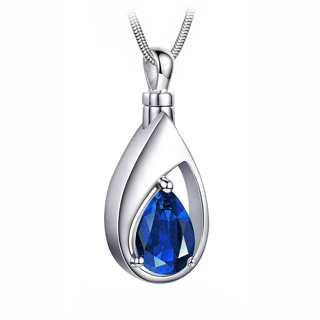 J-1300 Silver-tone Teardrop with Birthstone Simulated Gem- Pendant with Chain - September