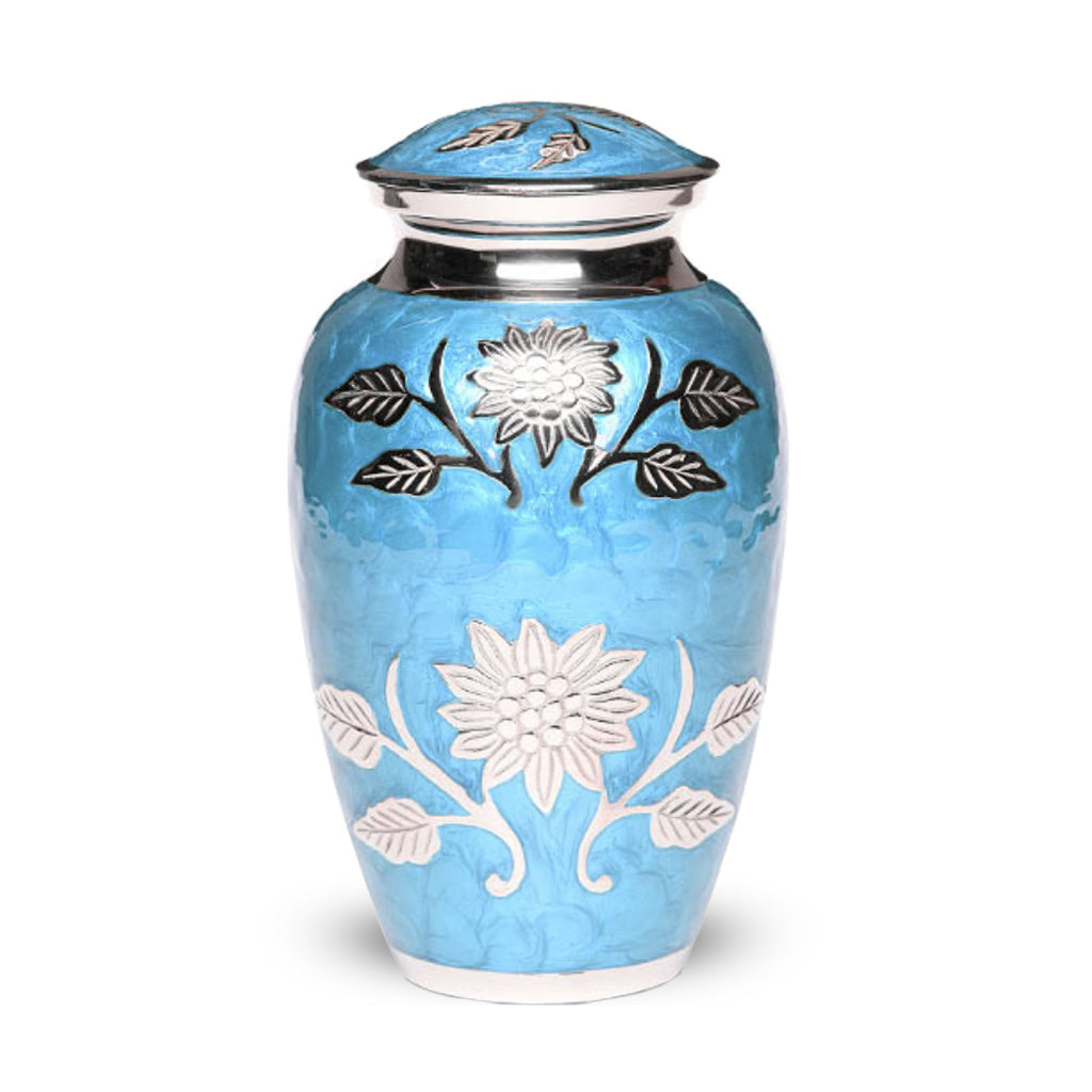 ADULT Brass urn -1500- Florentine Corn Flower Design Blue