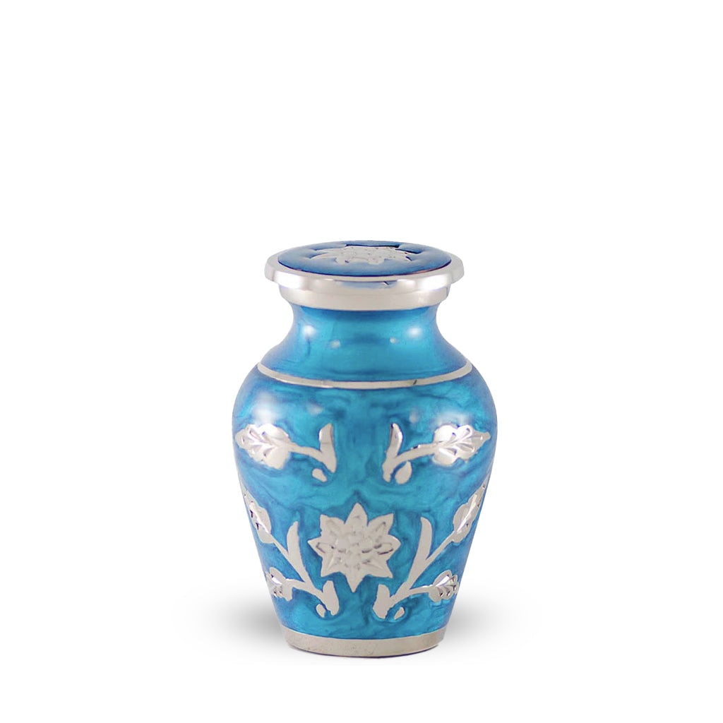 KEEPSAKE Brass urn -1500- Florentine Corn Flower Design Blue