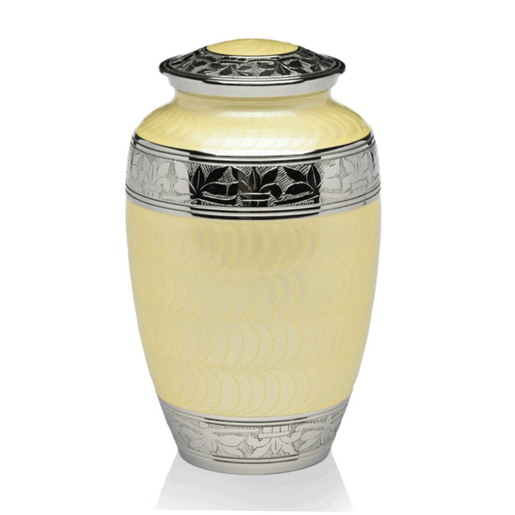 ADULT Nickel Plated Brass Urn -1528- Fleur-de-Lis Pastel Yellow