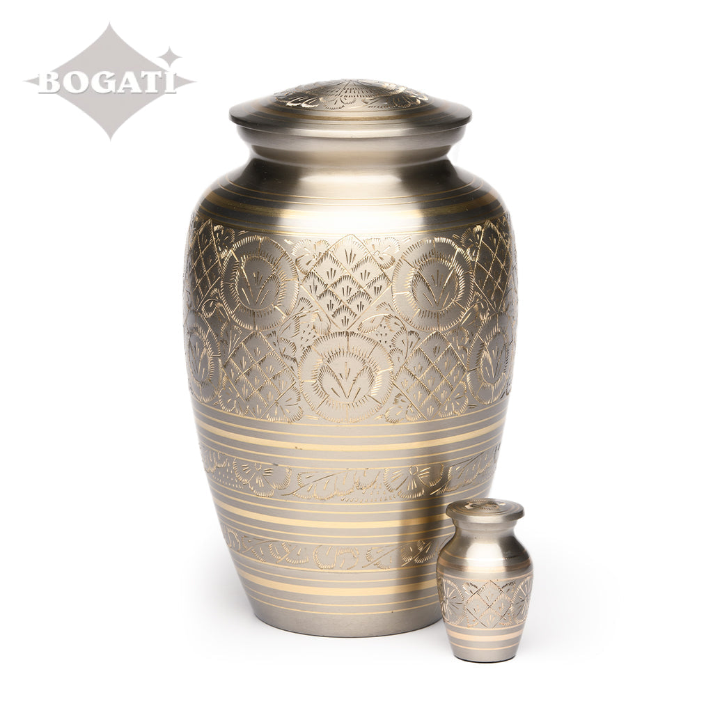 KEEPSAKE-1575- Brass Urn - Hand Etched - Platinum & Gold