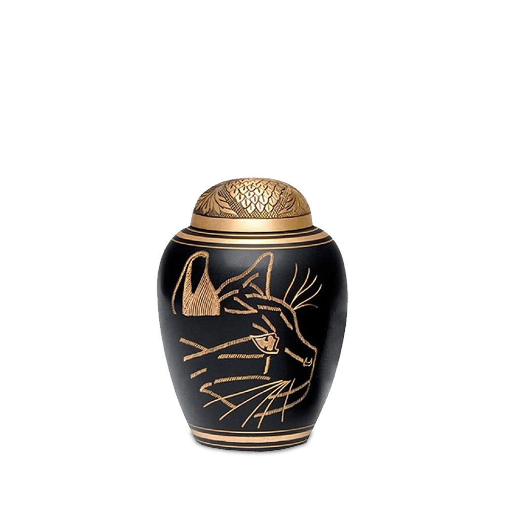 SMALL Brass Urn -1576- Engraved KITTY face Black