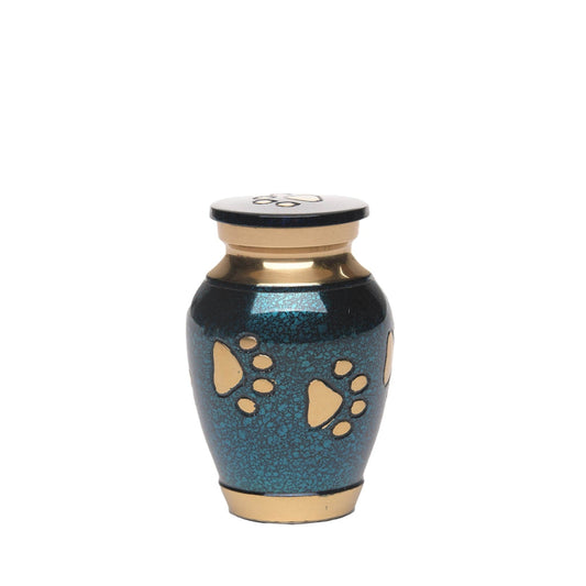 KEEPSAKE Brass Pet Urn -1650- "Forever Paws" Blue & Gold