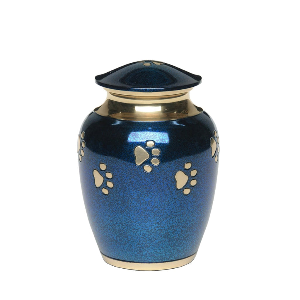 SMALL Brass Pet Urn - "Forever Paw" Blue-Gold