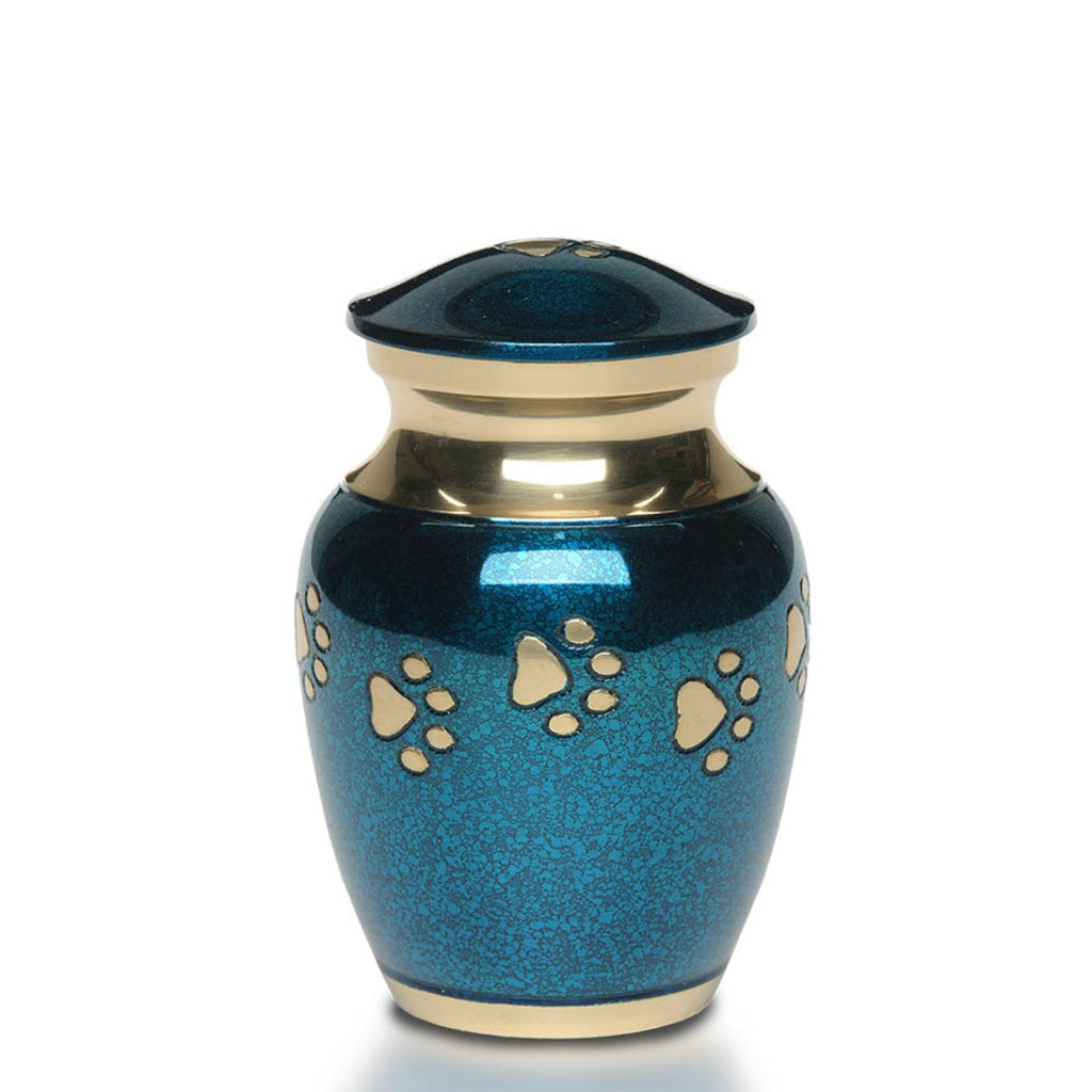 EXTRA SMALL Brass Pet Urn -1650- "Forever Paws" - Blue & Gold