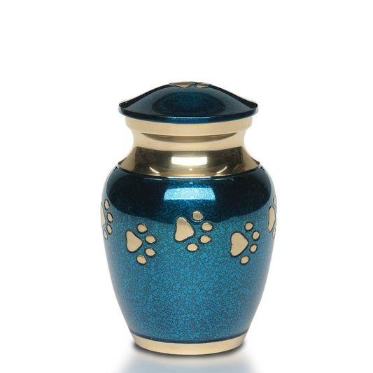 EXTRA SMALL Brass Pet Urn -1650- "Forever Paws" - Blue & Gold