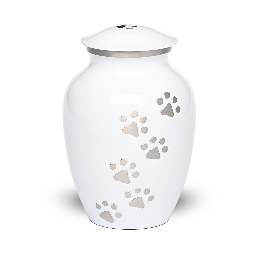 LARGE Brass Pet Urn - "Paws to Heaven" White-Silver