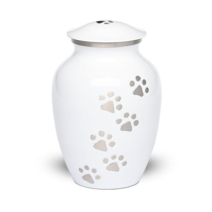 LARGE Brass Pet Urn - "Paws to Heaven" White-Silver