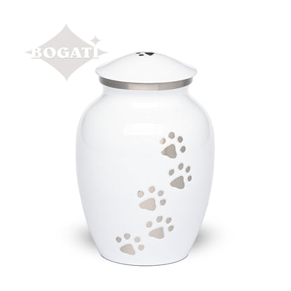SMALL Brass Pet Urn - "Paws to Heaven" White-Silver