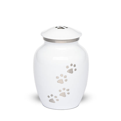 SMALL Brass Pet Urn -"Paws to Heaven" White-Silver