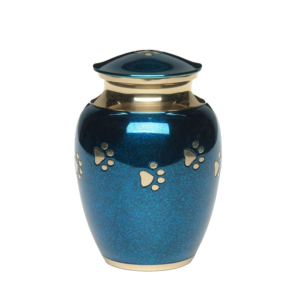 MEDIUM Brass Pet Urn - "Forever Paw" Blue-Gold