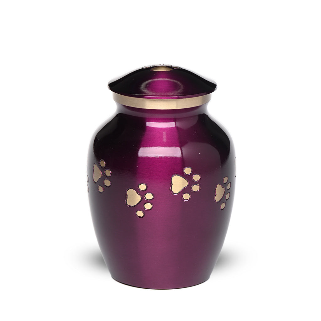 SMALL Brass Pet Urn - "Forever Paw" Purple-Gold