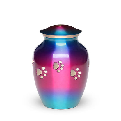 SMALL Brass Pet Urn - "Forever Paw" Rainbow Pink