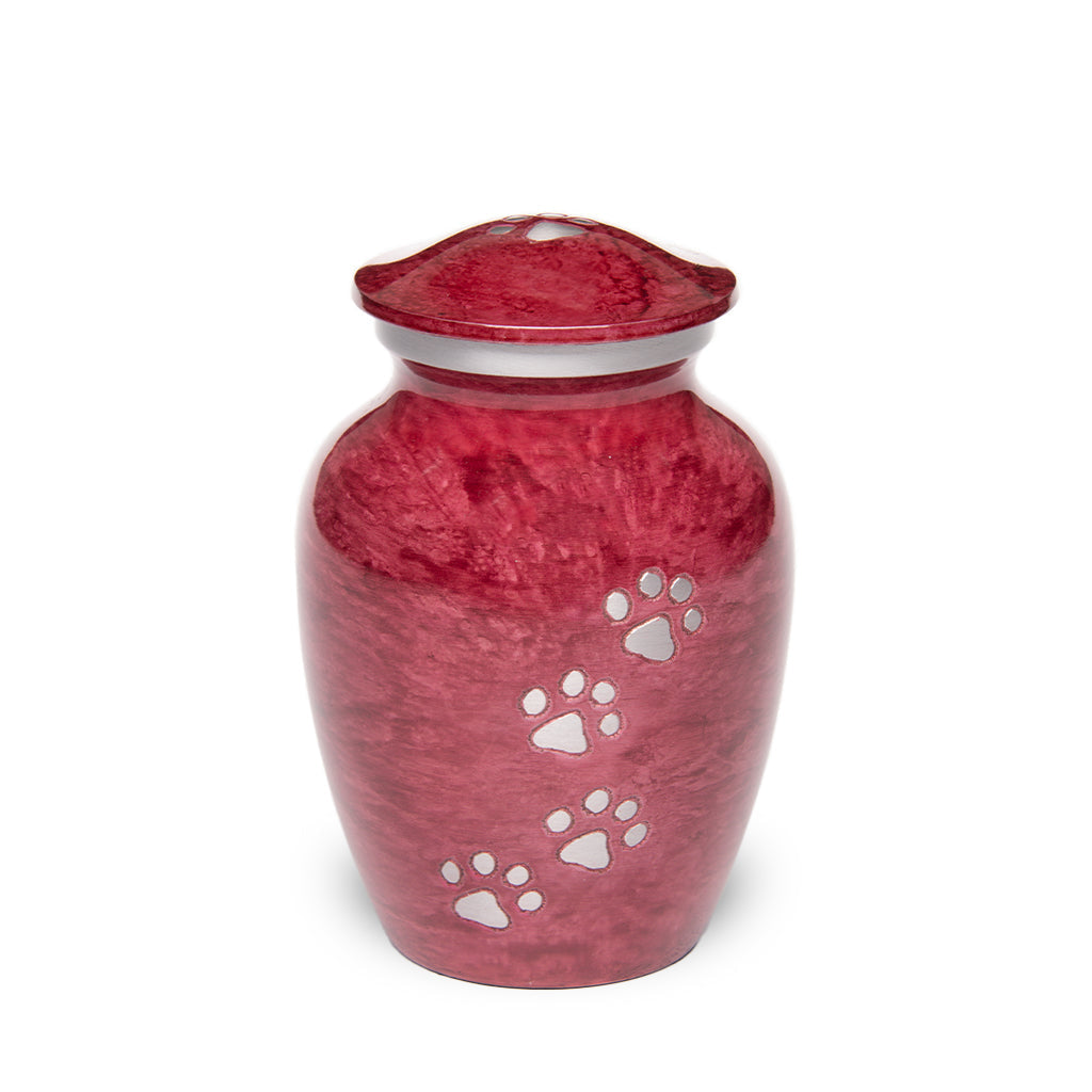 SMALL Alloy Pet Urn - 1658 "Paws to Heaven" - Marbled Stone Finish Red