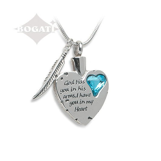J-1938-Light-Blue Heart with Feather – Pendant with Chain