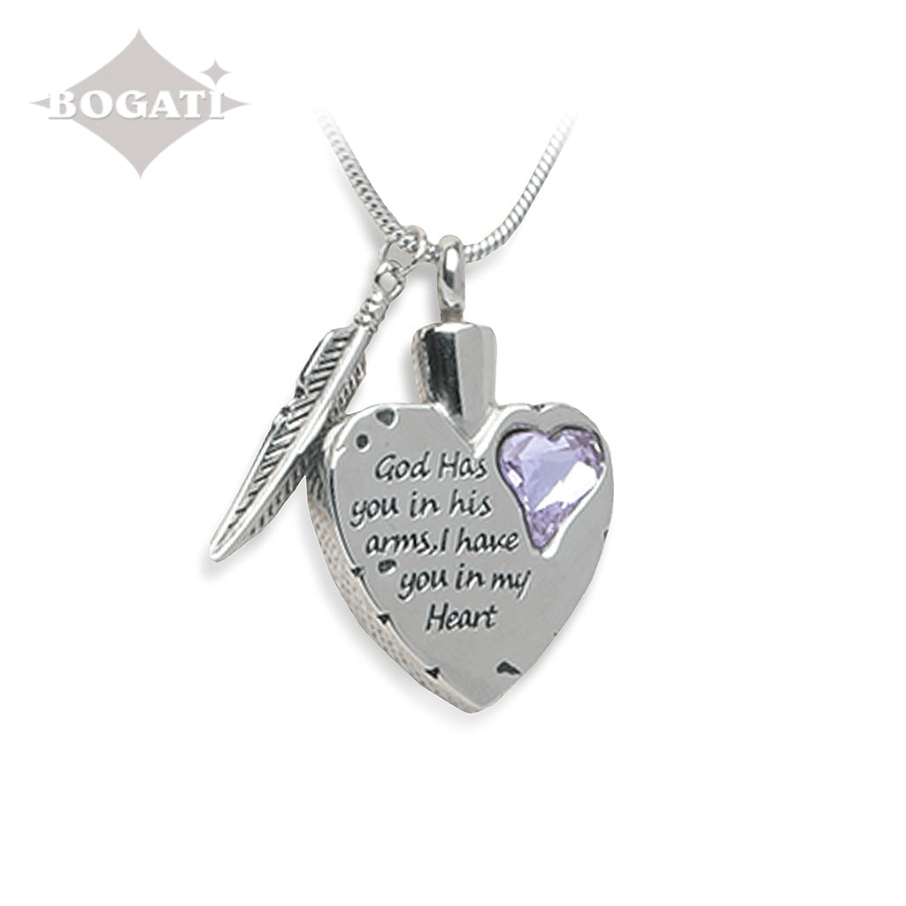J-1938-Light-Purple Heart with Feather – Pendant with Chain