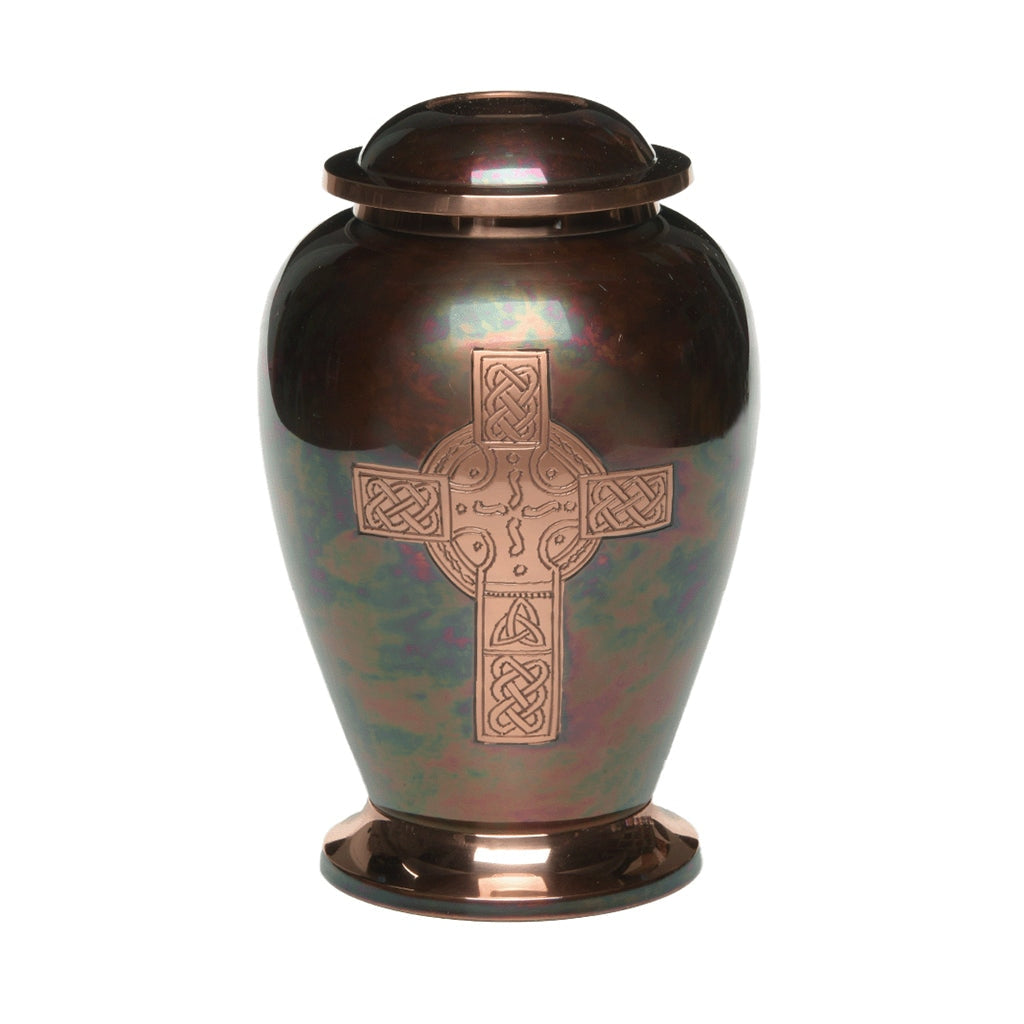 ADULT - Brass Urn -1958- Iridescent Copper Overlay Celtic Cross