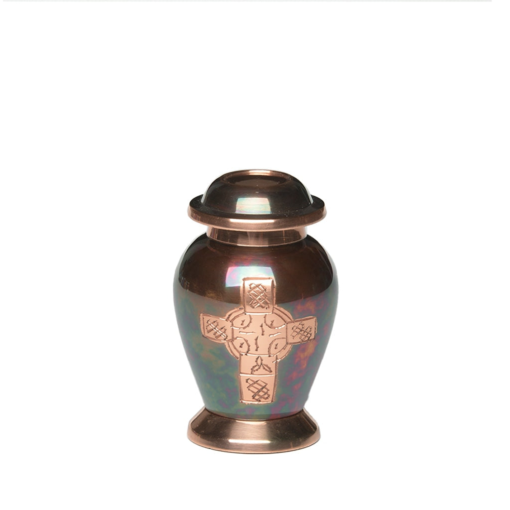 KEEPSAKE - Brass Urn -1958- Iridescent Copper Overlay Celtic Cross