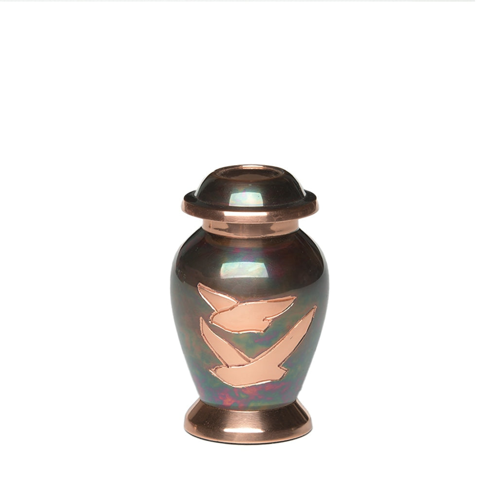 KEEPSAKE - Brass Urn -1958- Iridescent Copper Overlay Doves