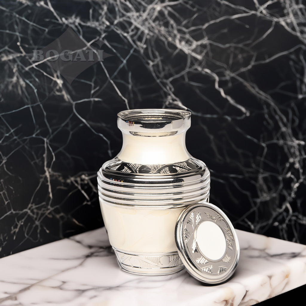 KEEPSAKE Nickel Plated Brass Urn -1963- Enamel finish with Silver Bands