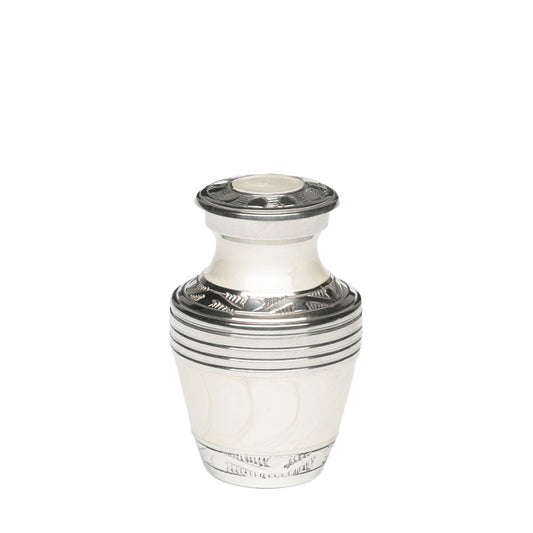 KEEPSAKE Nickel Plated Brass Urn -1963- Enamel finish with Silver Bands White-Silver