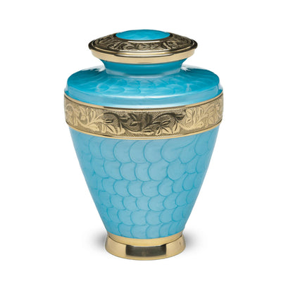 ADULT Brass Urn -1964- Enamel Overlay - Gold-tone bands Blue