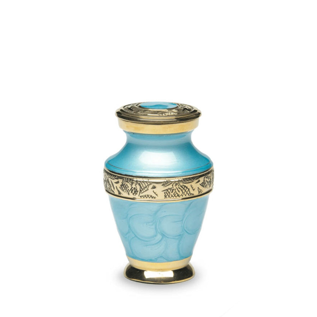 KEEPSAKE Brass Urn -1964- Enamel Overlay- Gold-tone bands Blue