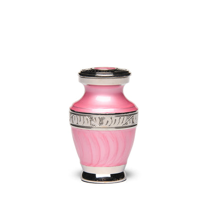 KEEPSAKE Brass Urn -1964- Enamel Overlay- Silver-tone bands Pink