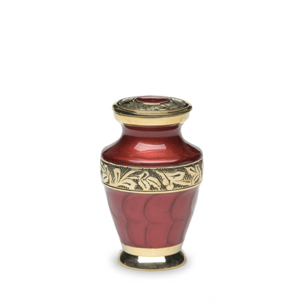 KEEPSAKE Brass Urn -1964- Enamel Overlay- Gold-tone bands Red