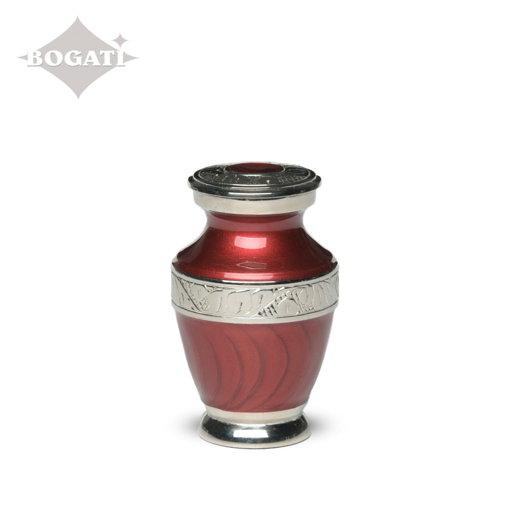 KEEPSAKE Brass Urn -1964- Enamel Overlay- Silver-tone bands Red