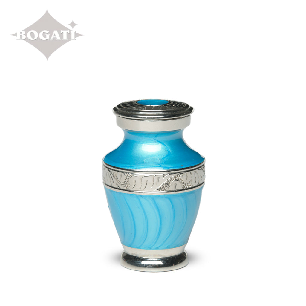 KEEPSAKE Brass Urn -1964- Enamel Overlay- Silver-tone bands Turquoise