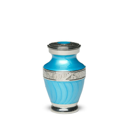 KEEPSAKE Brass Urn -1964- Enamel Overlay- Silver-tone bands Turquoise