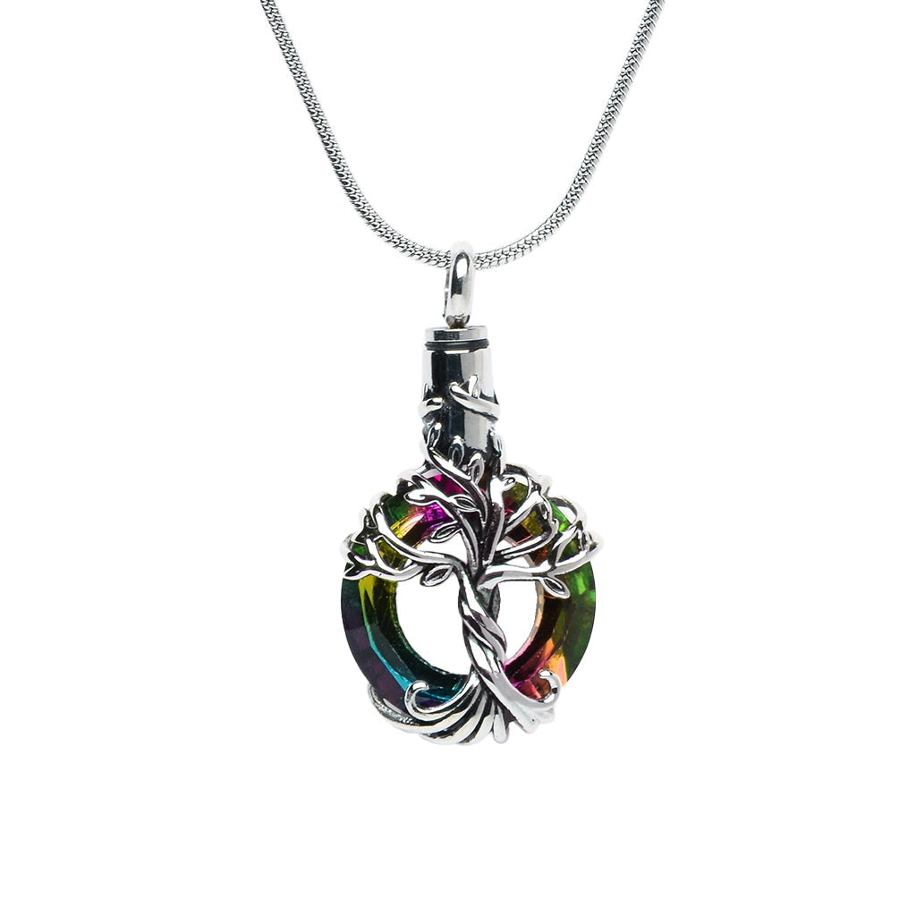 J-2510 - Iridescent Cut Glass Circle With Tree Of Life Pendant Chain Rainbow