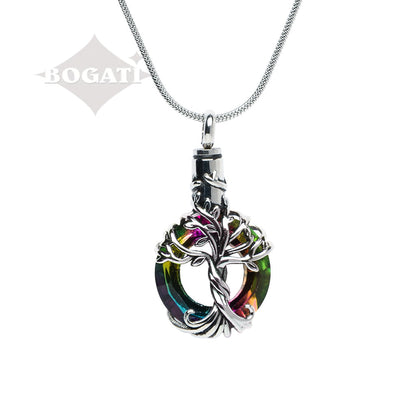 J-2510 - Iridescent Cut Glass Circle With Tree Of Life Pendant Chain Rainbow