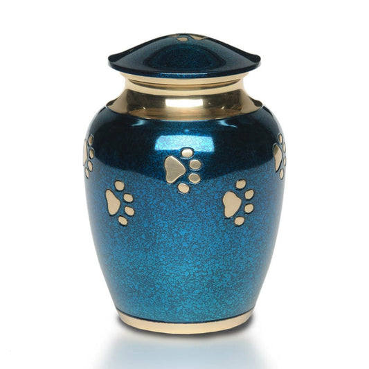 SMALL Brass Pet Urn -1650- "Forever Paws" - Gold and Blue