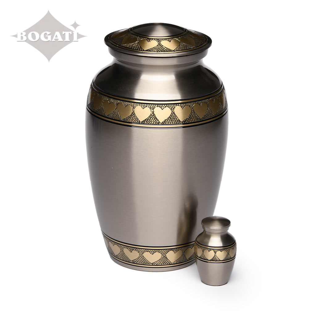 ADULT Brass Urn -2263- Brushed Pewter with Brass Hearts