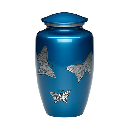 ADULT -Classic Alloy Urn -2415– with engraved BUTTERFLIESx Blue