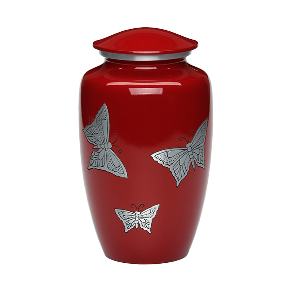 ADULT -Classic Alloy Urn -2415– with engraved BUTTERFLIES Red