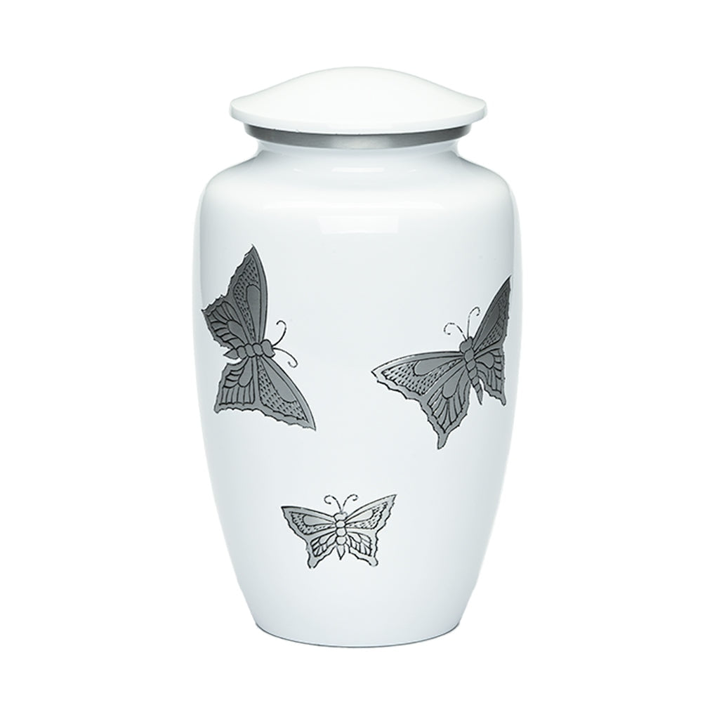 ADULT -Classic Alloy Urn -2415– with engraved BUTTERFLIES White