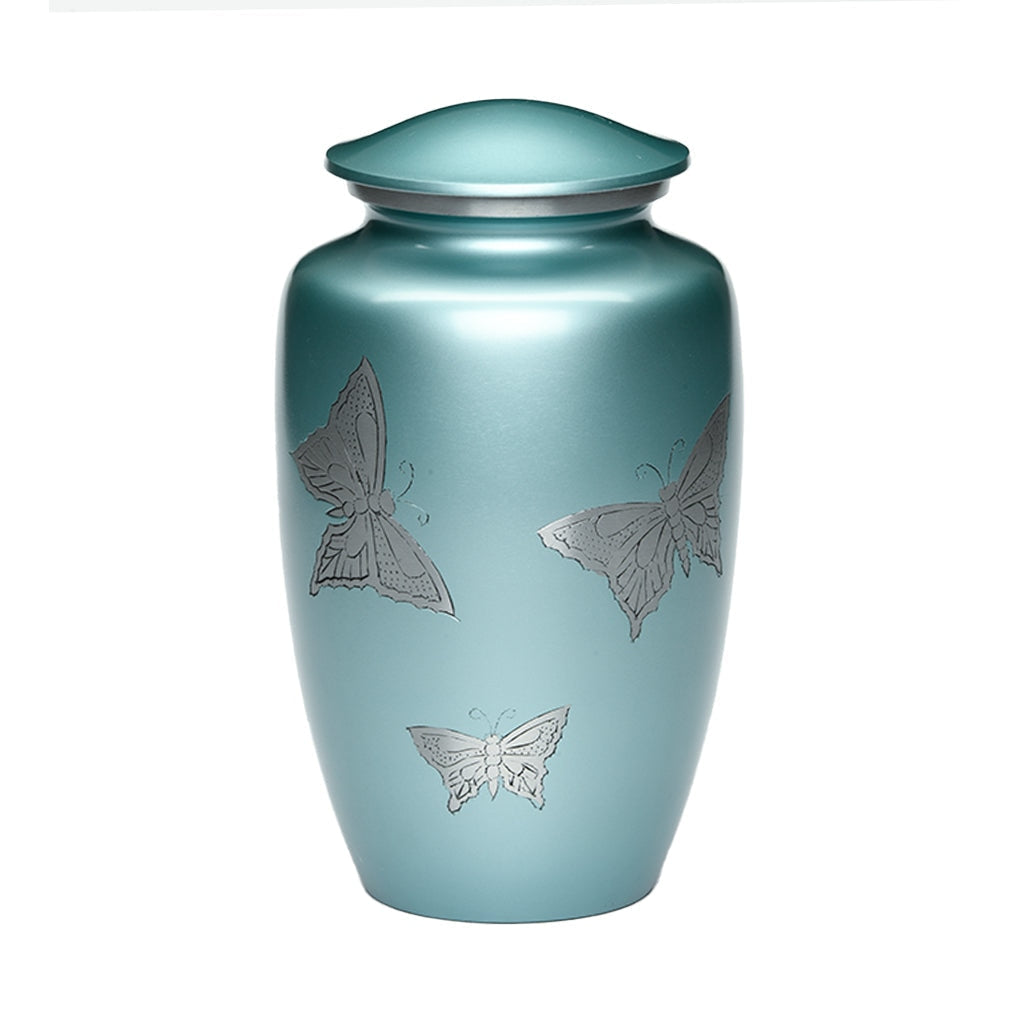 ADULT -Classic Alloy Urn -2415– with engraved BUTTERFLIES Teal