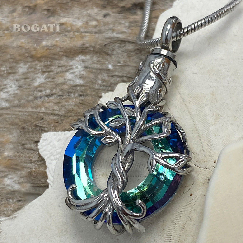 J-2510 - Iridescent Cut Glass Blue-Green Circle with Tree of Life - Pendant with Chain