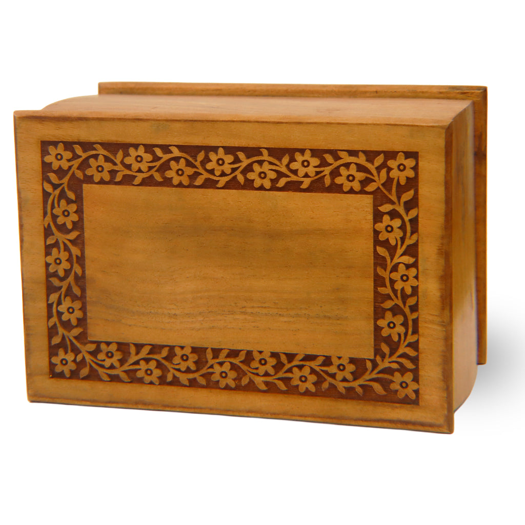 ADULT / XL - Acacia Wood "Arc" Urn with CNC Floral Garland Border